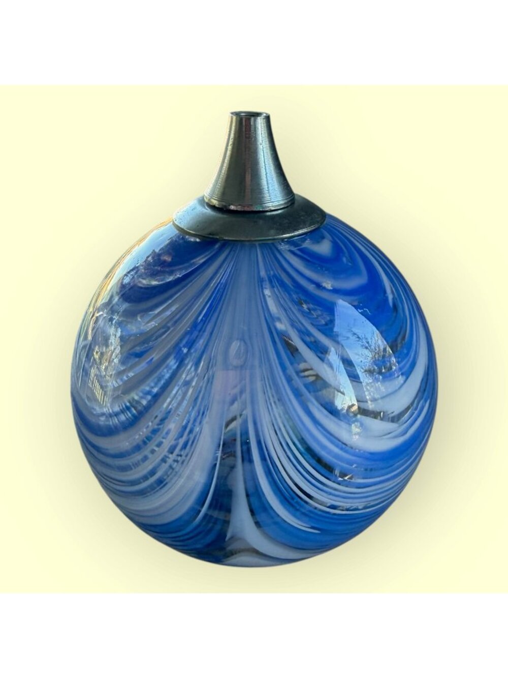 Blue & White Swirl Art Glass Tabletop Sphere Coastal Oil Lamp